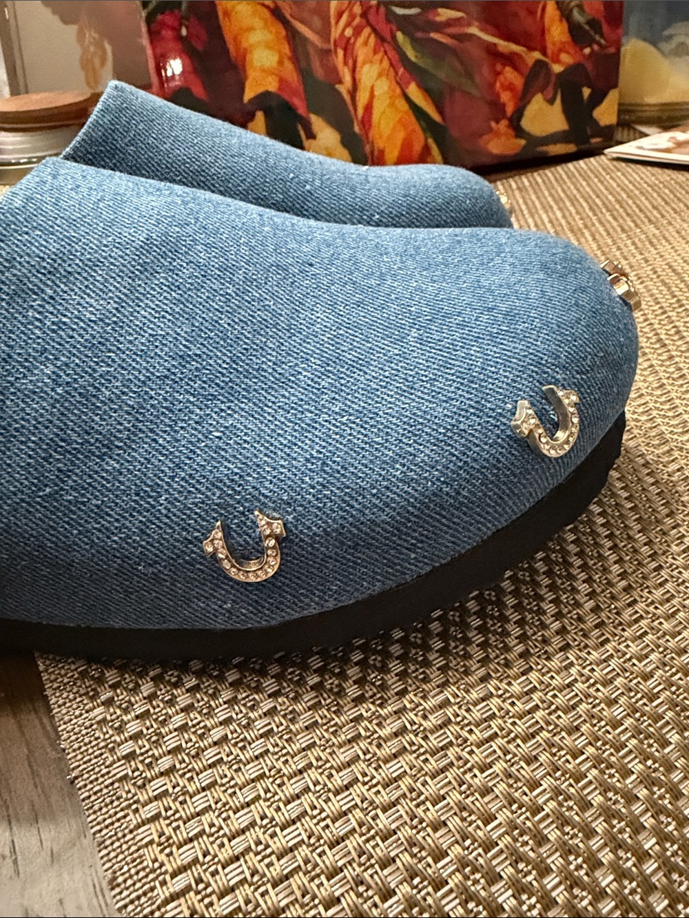 True Religion Denim Blue Slip-On Mules with Horseshoe Studs - Picture 3 of 17
